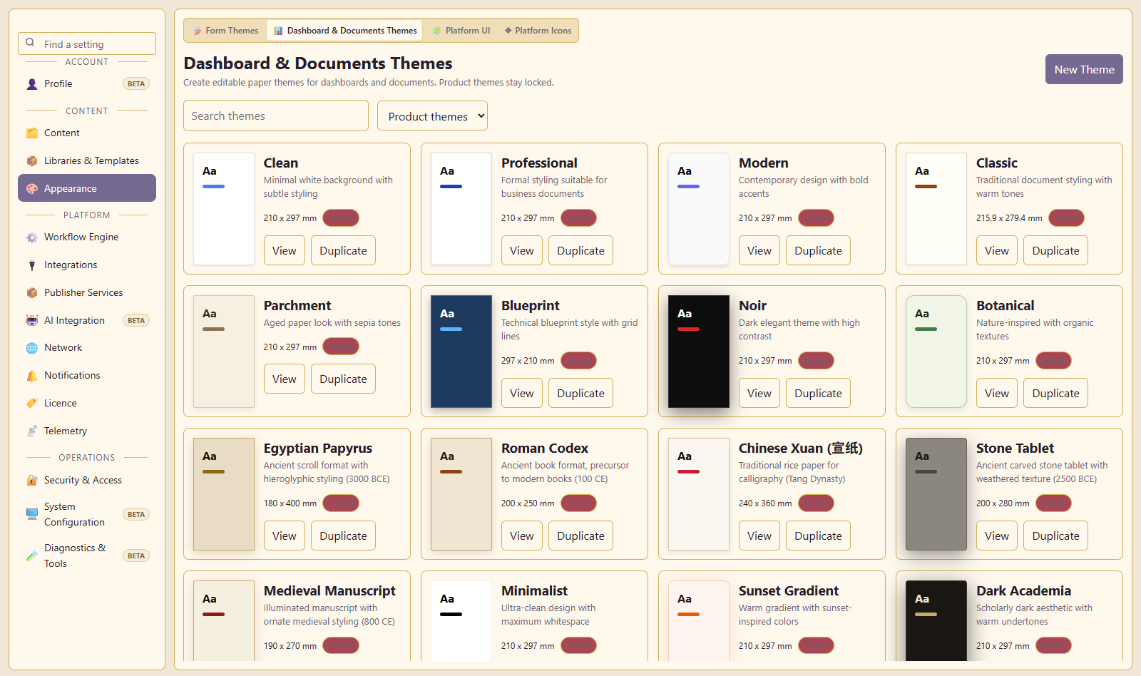 Content themes: Paper theme previews for documents and dashboards.