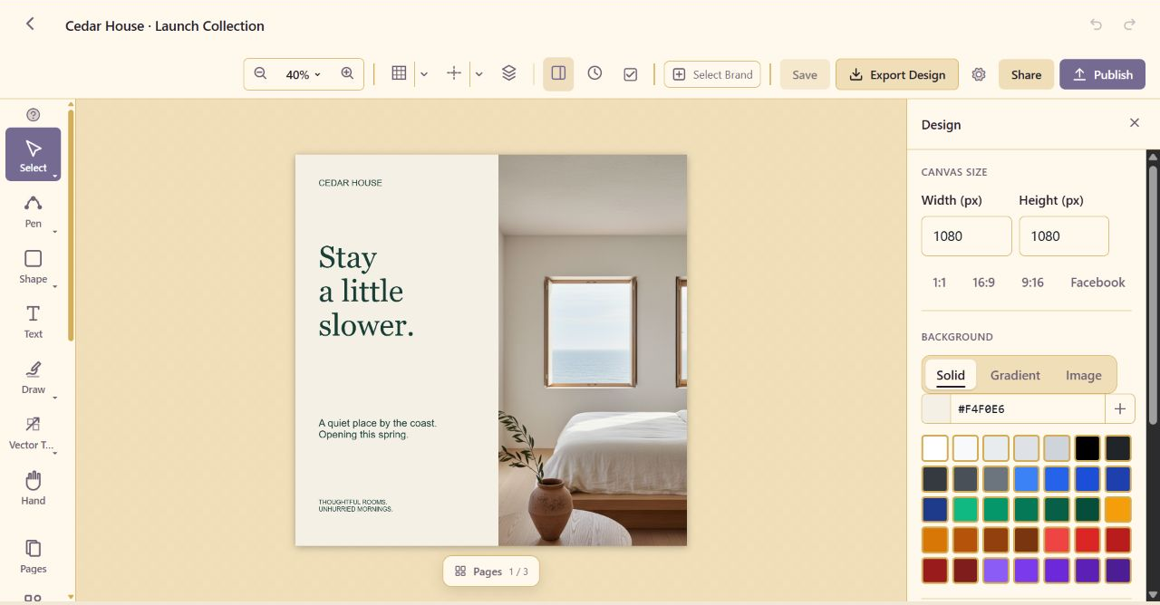 Lunar Paper’s Design Studio with a Cedar House promotional layout on the canvas and drawing tools and design settings alongside it.