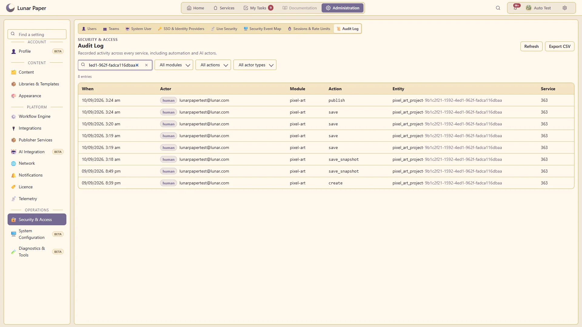 Recorded activity with filters and CSV export.