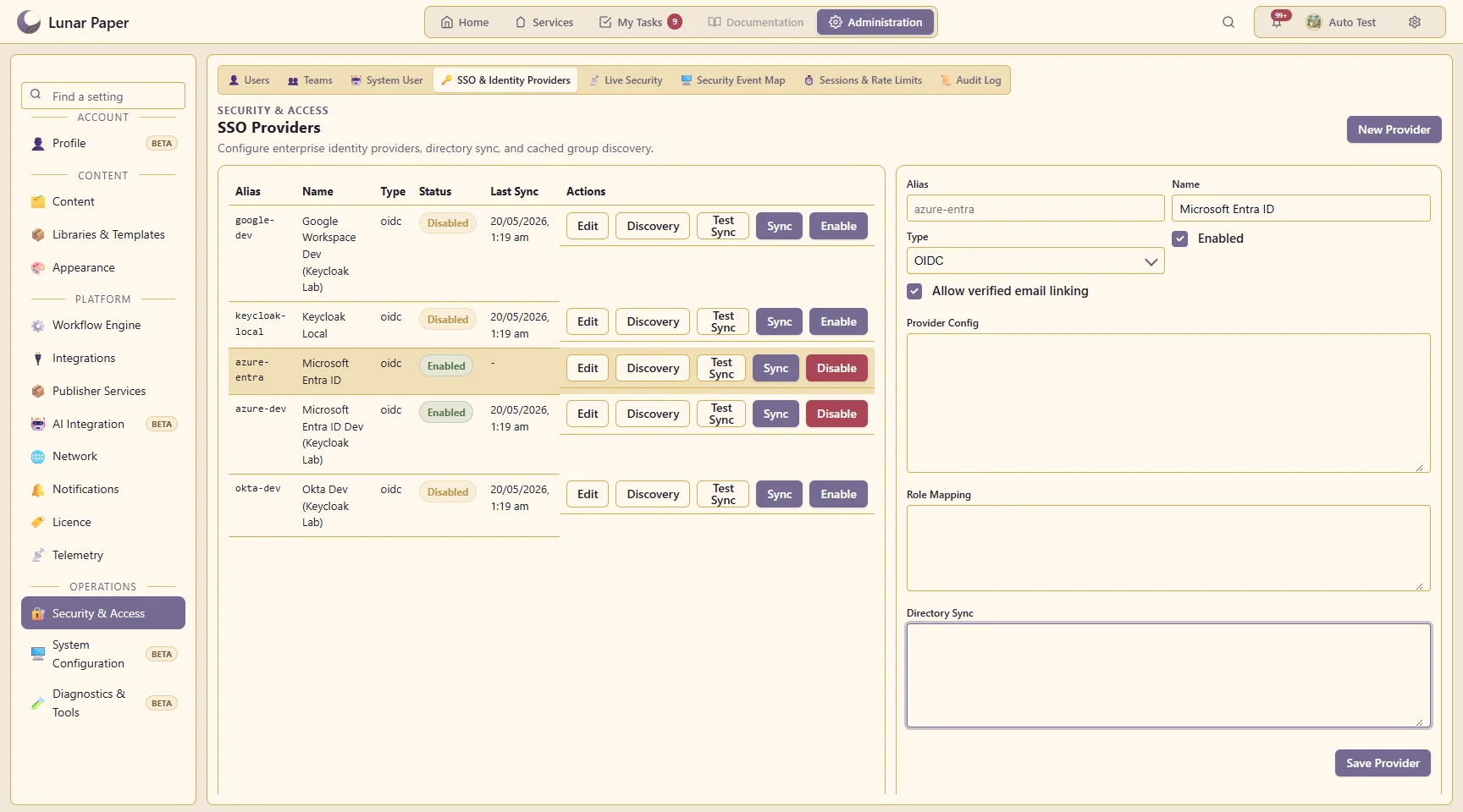 Users and access: Single sign-on provider settings.