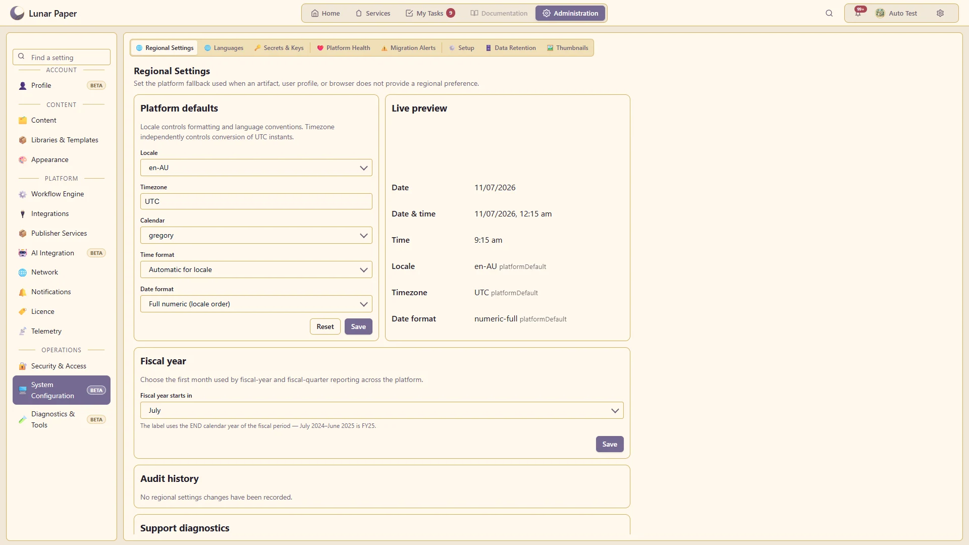 Platform settings: Default date and time settings.