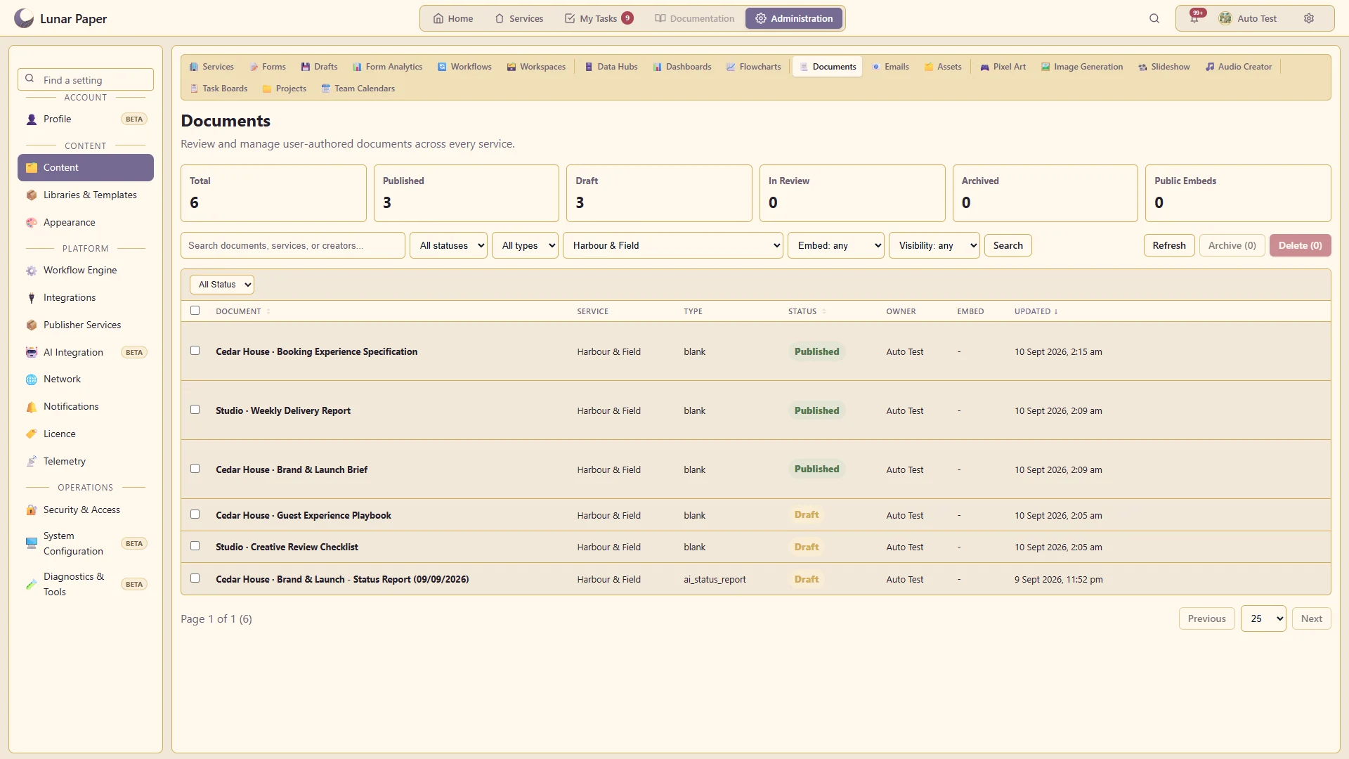 Documents filtered by service, with draft and published status.