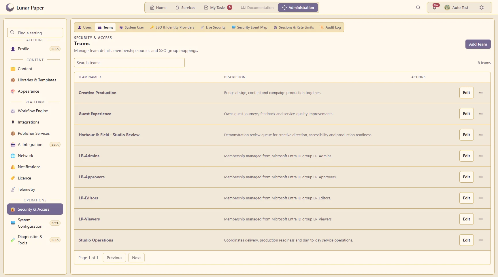 Users and access: Team membership management.