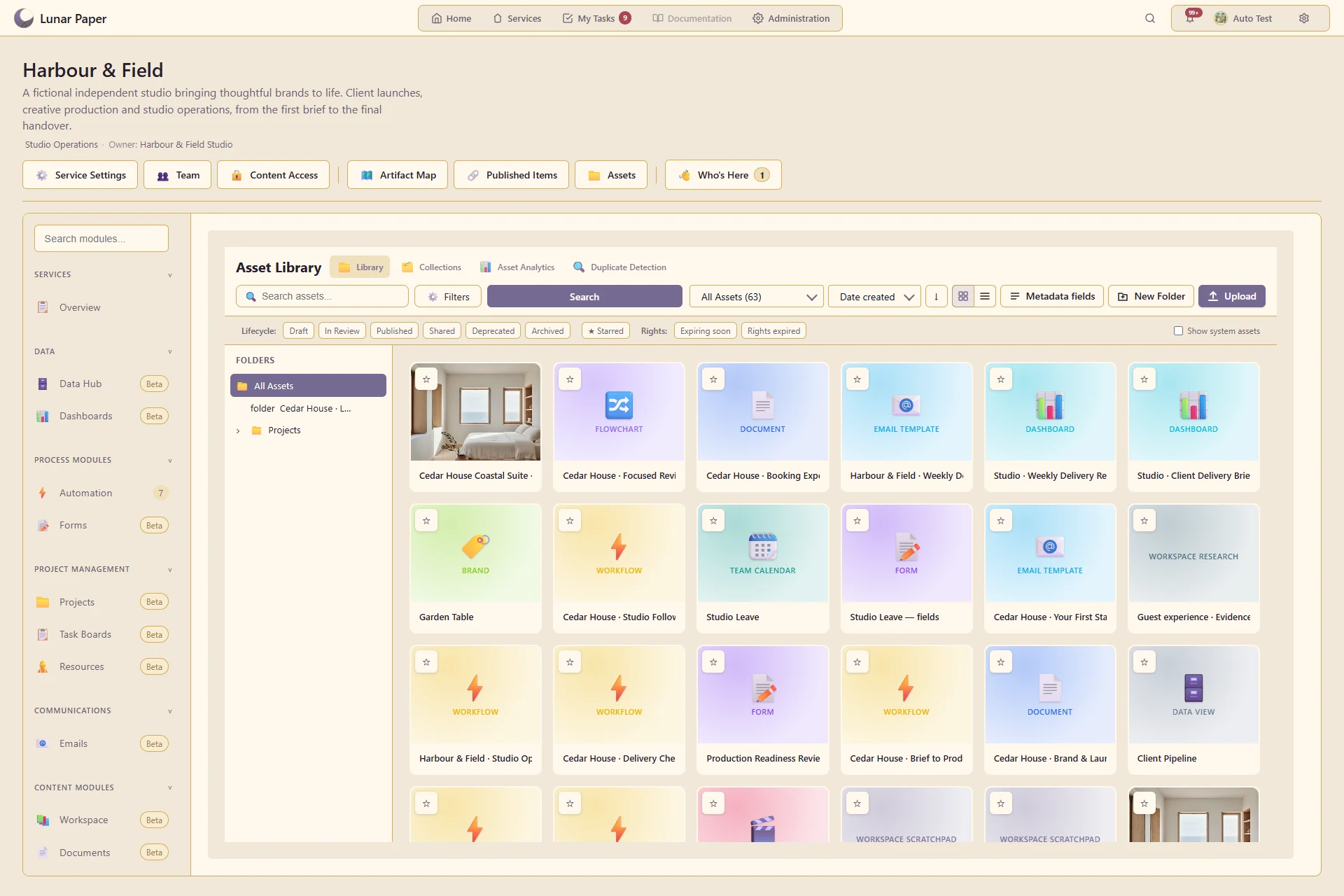 Digital asset management: Content registered in the service asset library.