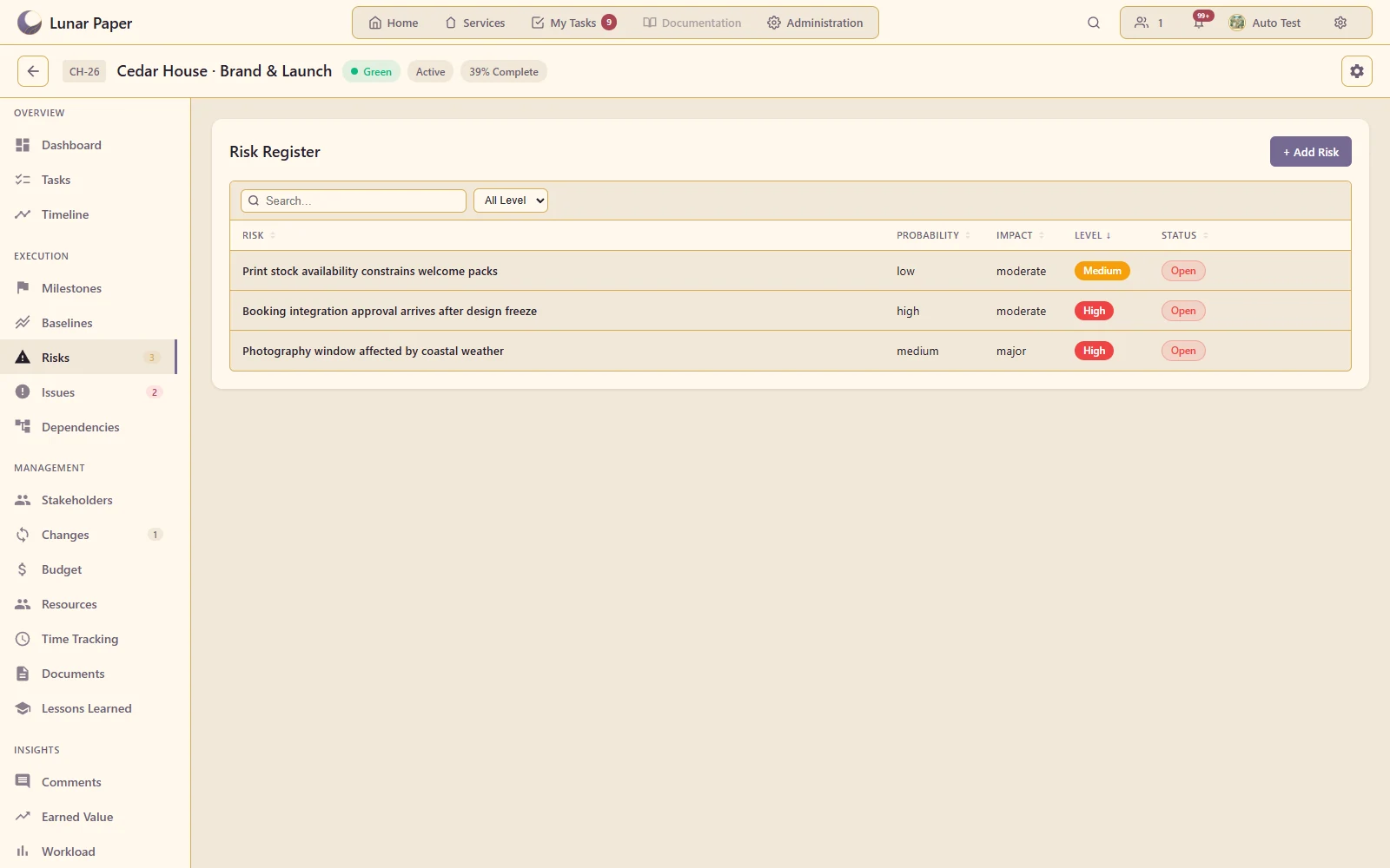 Projects: Owned risks with probability, impact and mitigation plans