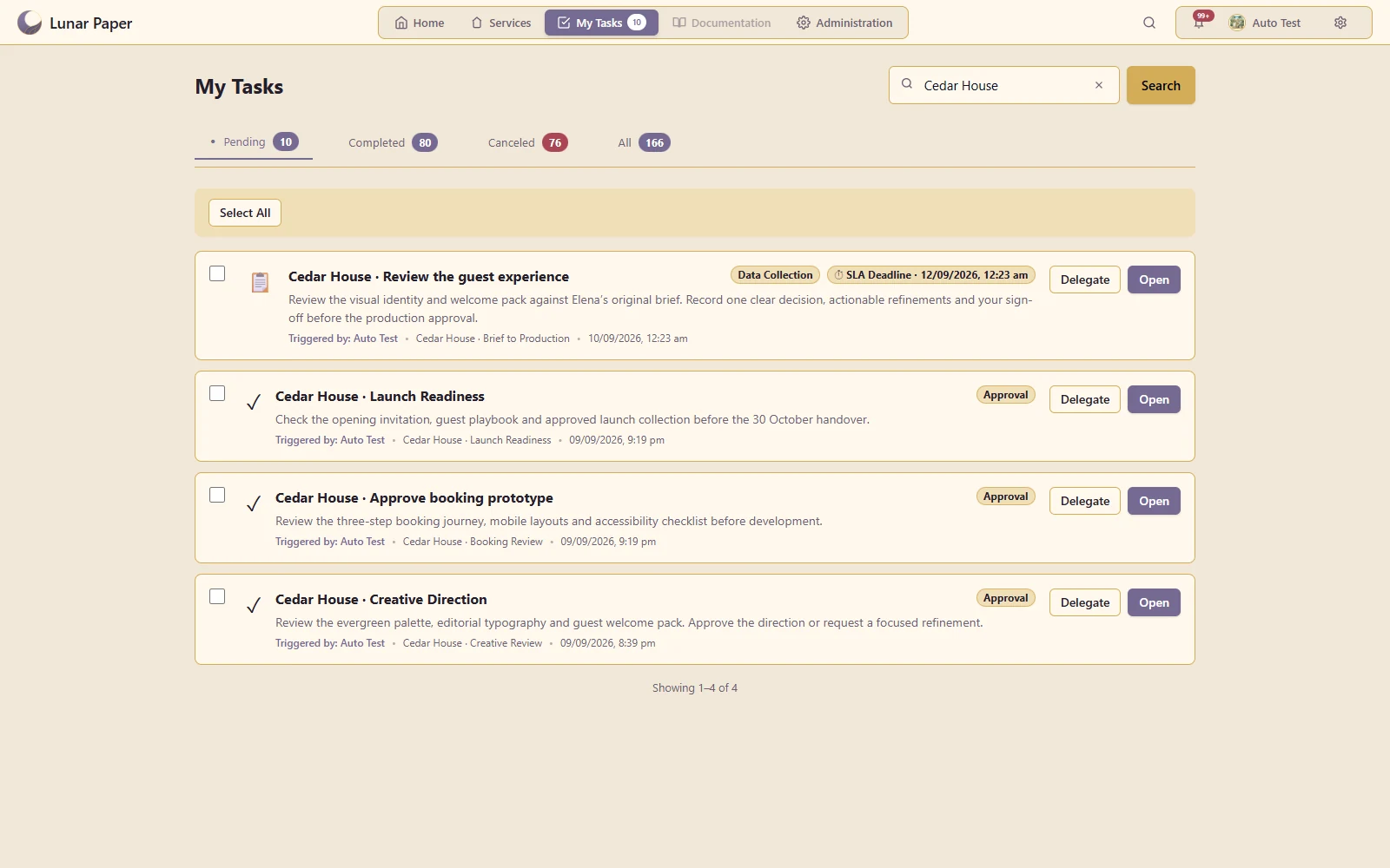 A focused queue for assigned work, team tasks and approval decisions across services.