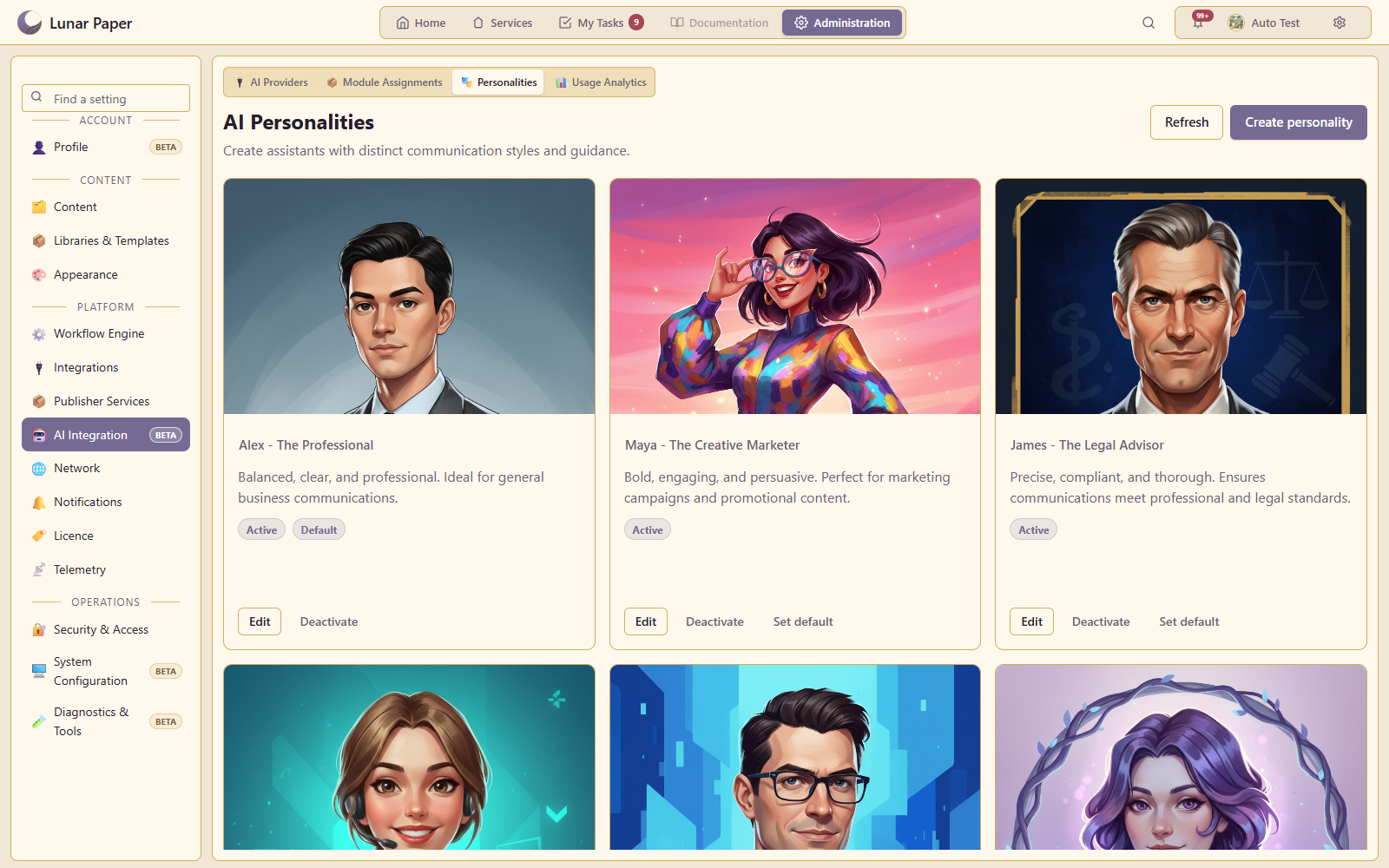 Available personalities, active status and platform default.