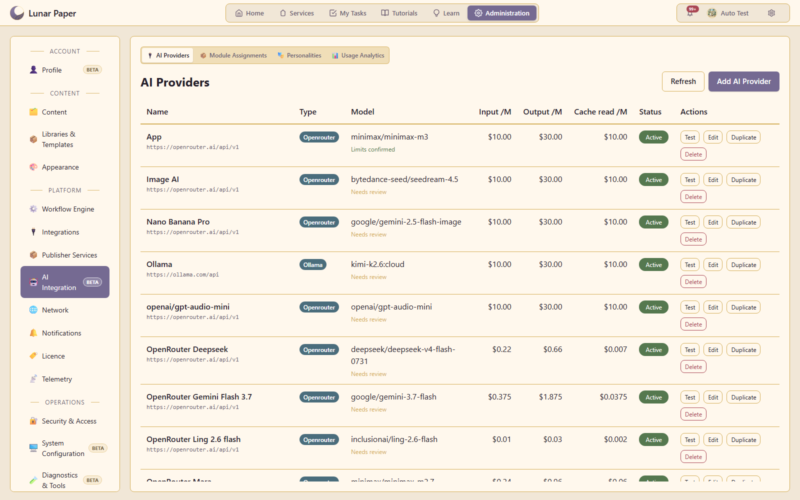 Configured providers and models. Displayed rates are example settings.