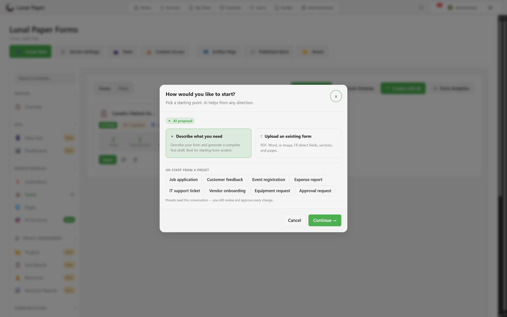 AI features: AI form creation from a written description.