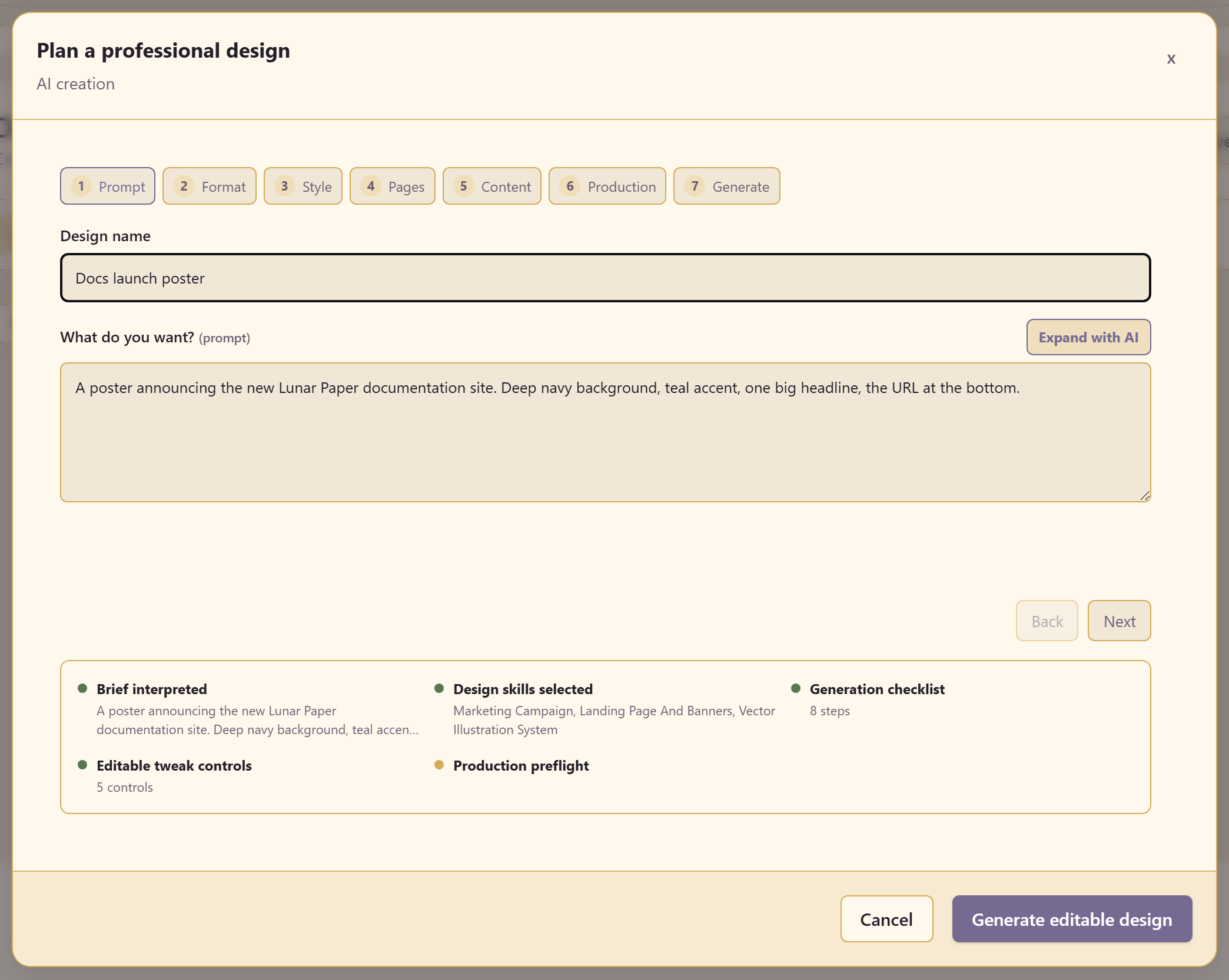 AI features: Design creation from a written brief.