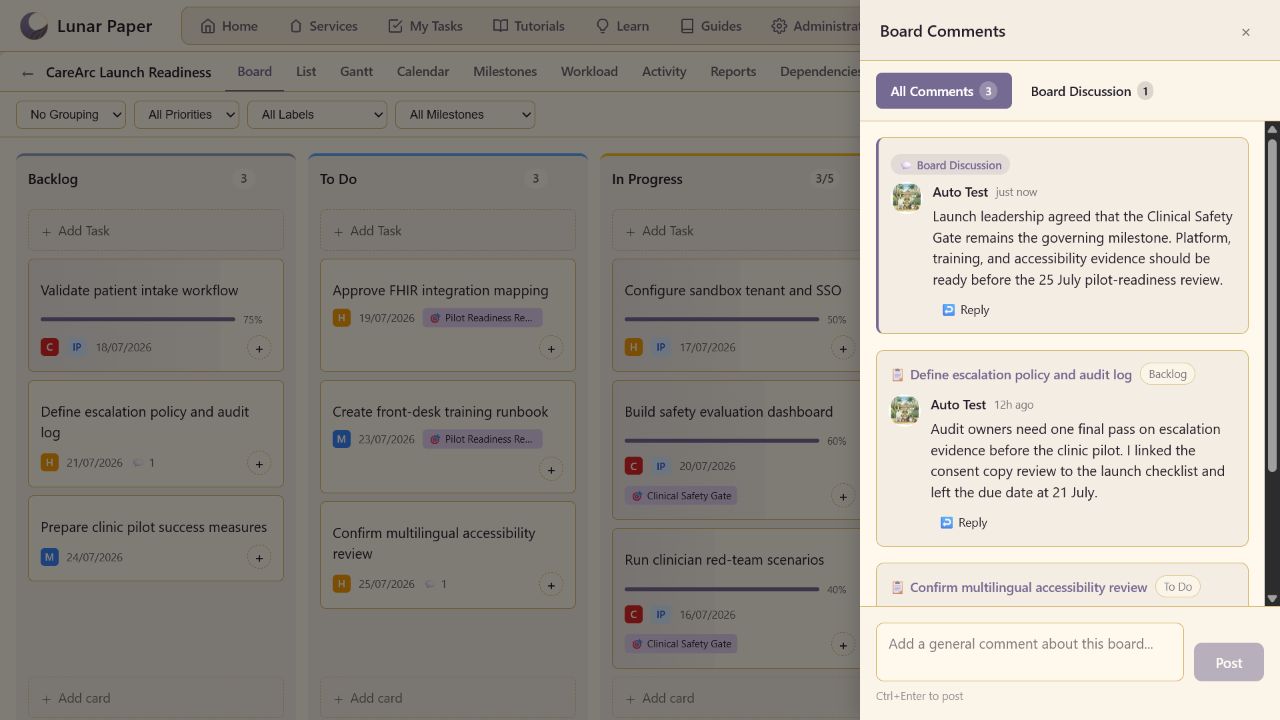 Commenting: Board and task discussions in the comments panel.