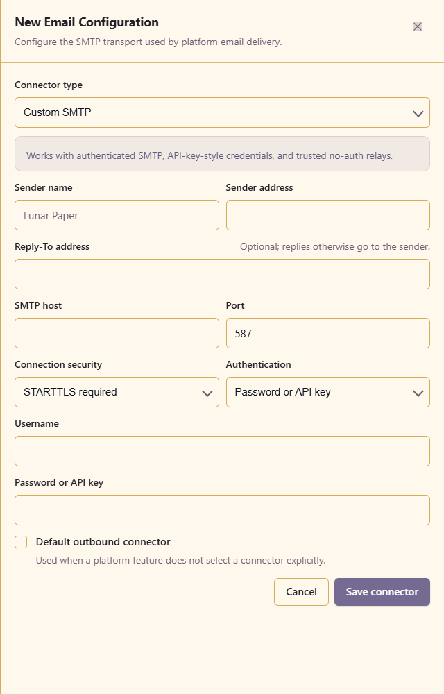 SMTP sender, security, authentication and default connection settings.