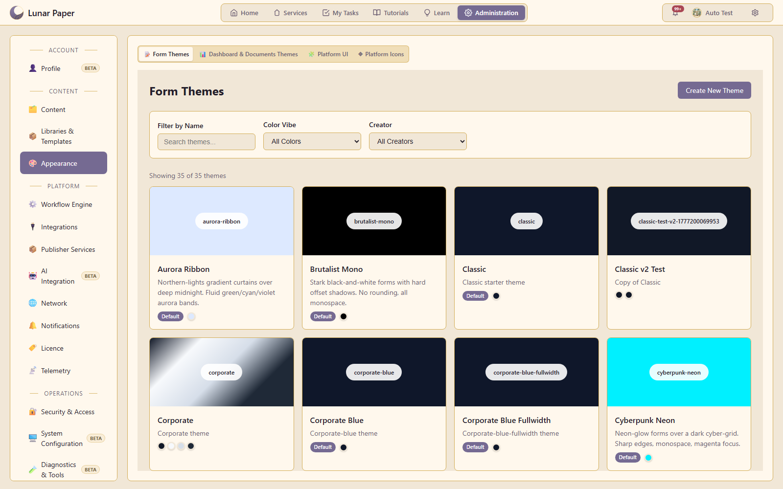 Content themes: Available Form themes and colour previews.
