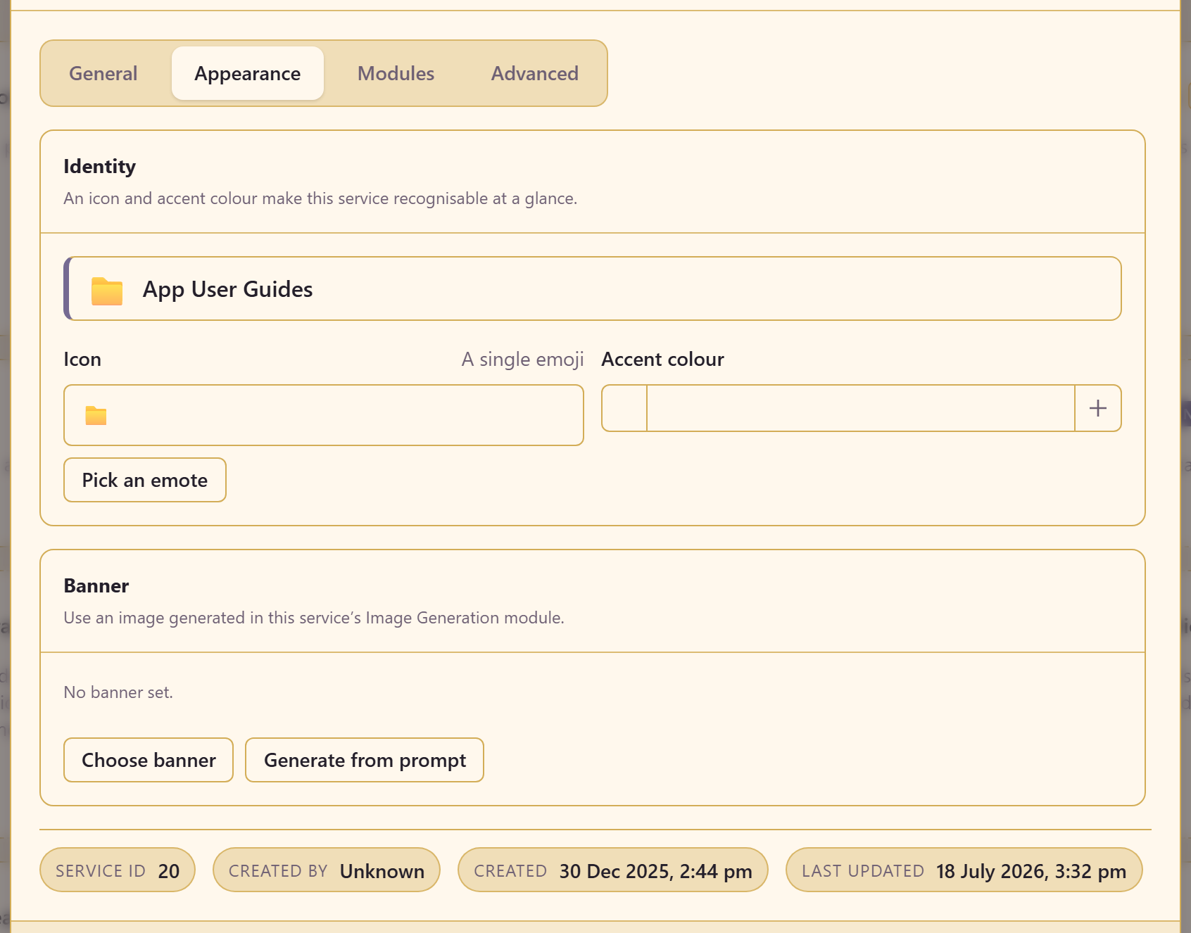 Icon, accent colour and banner settings.